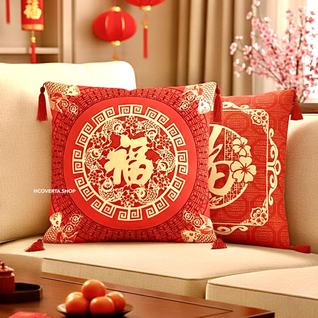 Cover Sarung Bantal Sofa Edisi Imlek - Cushion Cover CNY Motif Prosperity - Dekorasi Rumah Chinese New Year