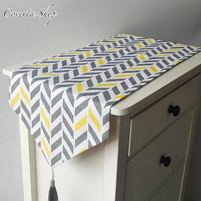 Table Runner - Bed Runner - Taplak Meja Tamu Yellow Gray Arrow 32x180cm