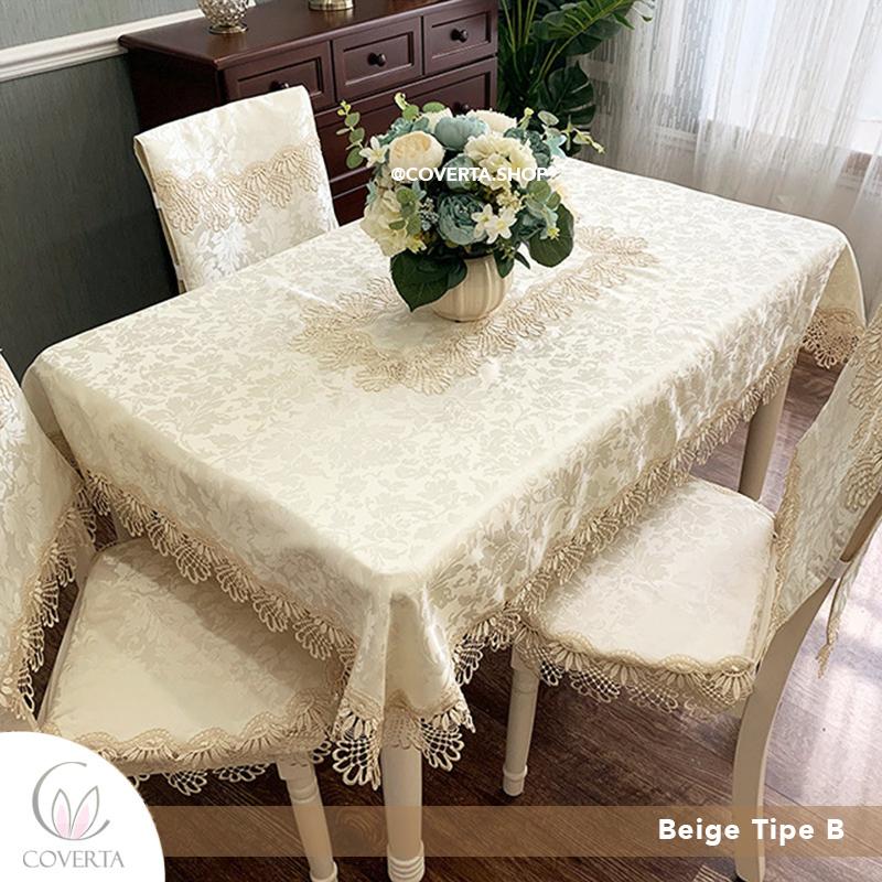 COVERTA Taplak Meja Makan Kain 180x130cm Bordir Segi Eksklusif & Elegant Coffee Tipe A Sarung Kursi Tidak Termasuk