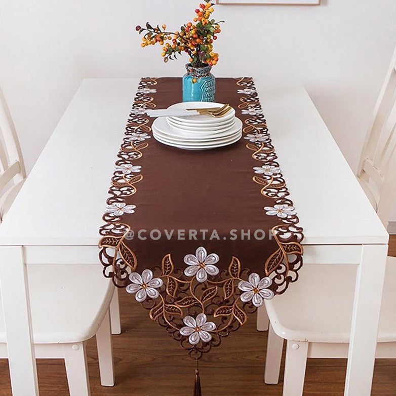 Table Runner - Taplak Meja Panjang Bordir - Coklat - 40x176cm