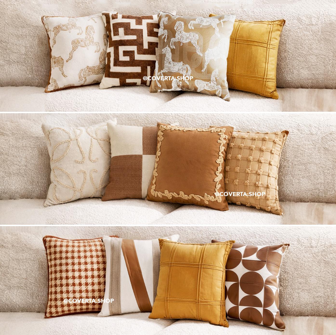 Sarung Bantal Sofa Kursi Japandi Style Coklat Putih Motif Kuda Geometris Premium 45x45cm