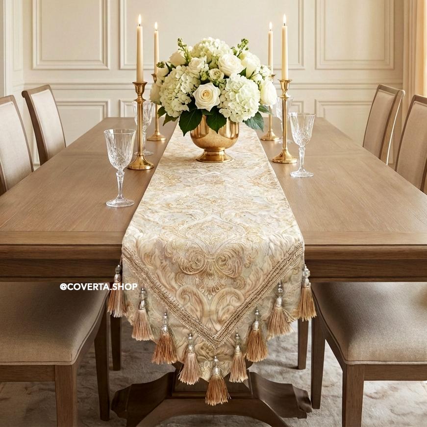Table Runner Victorian Elegan Taplak Meja Panjang Motif Mewah untuk Dekorasi Ruang Tamu & Makan