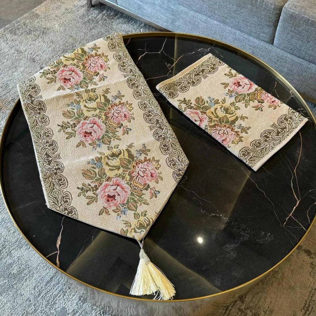 Table Runner Panjang Meja Makan / Taplak Meja Tamu Motif Classic Flower Glitter