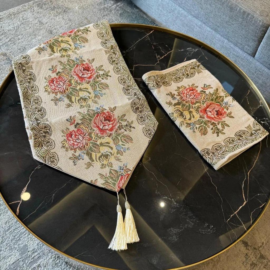 Table Runner Panjang Meja Makan / Taplak Meja Tamu Motif Classic Flower Glitter