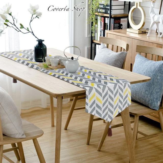 Table Runner - Bed Runner - Taplak Meja Tamu Yellow Gray Arrow 32x180cm