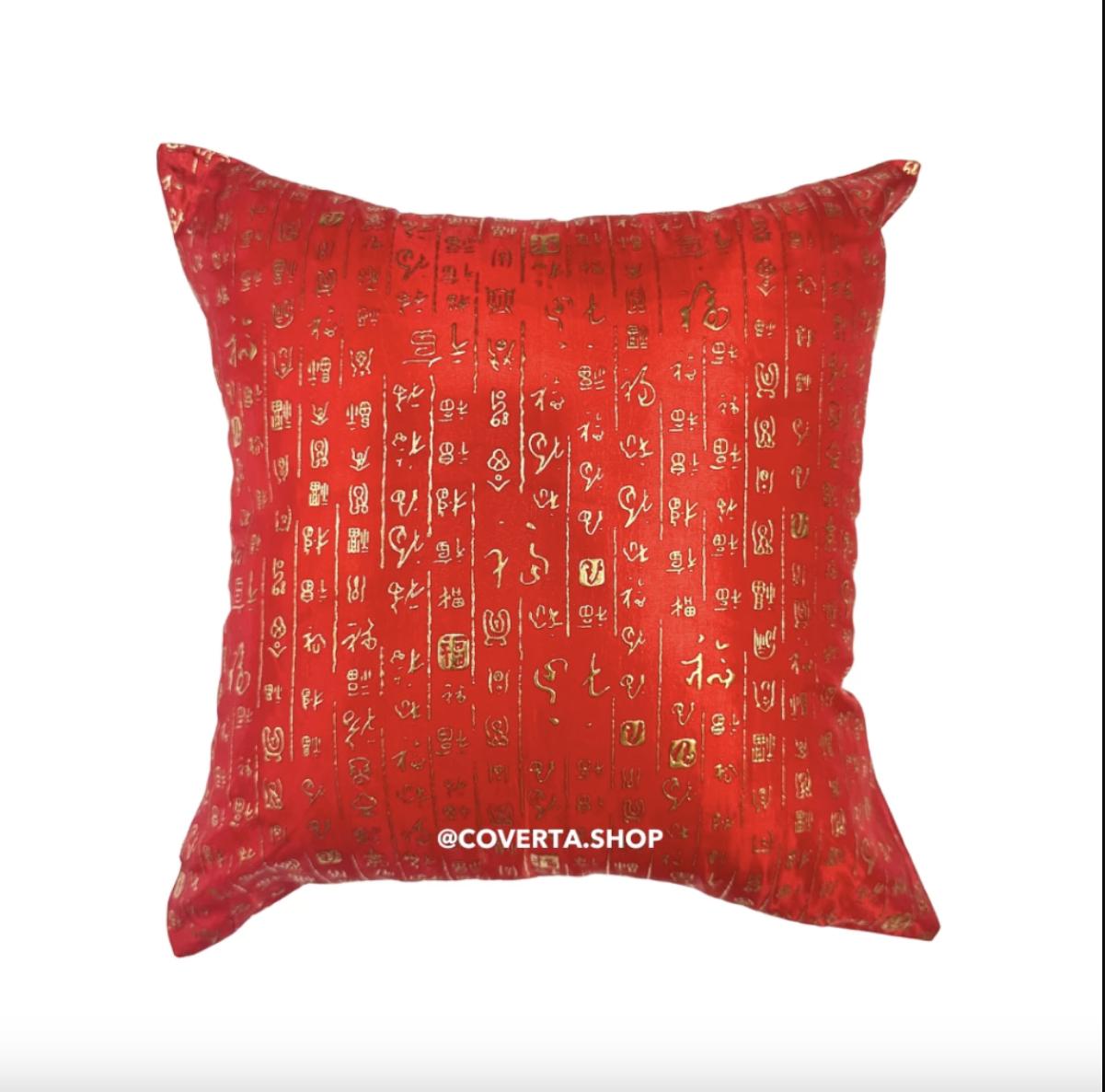 Sarung Bantal Hias Imlek Motif Kaligrafi Merah Emas Premium untuk Dekorasi Rumah