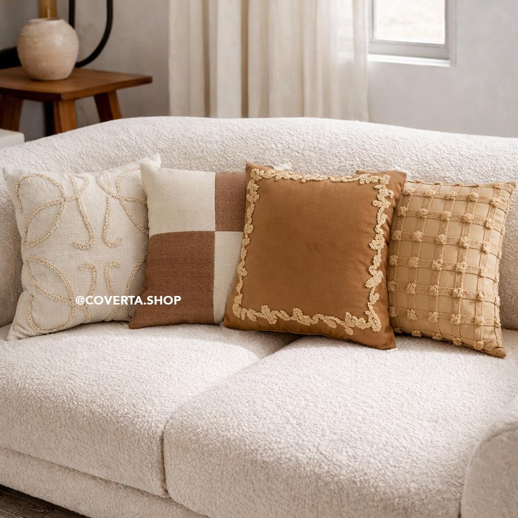 Sarung Bantal Sofa Kursi Japandi Style Coklat Putih Motif Kuda Geometris Premium 45x45cm