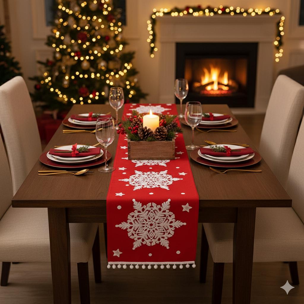 Table Runner Natal Snowflakes | Dekorasi Christmas Meja Makan Premium