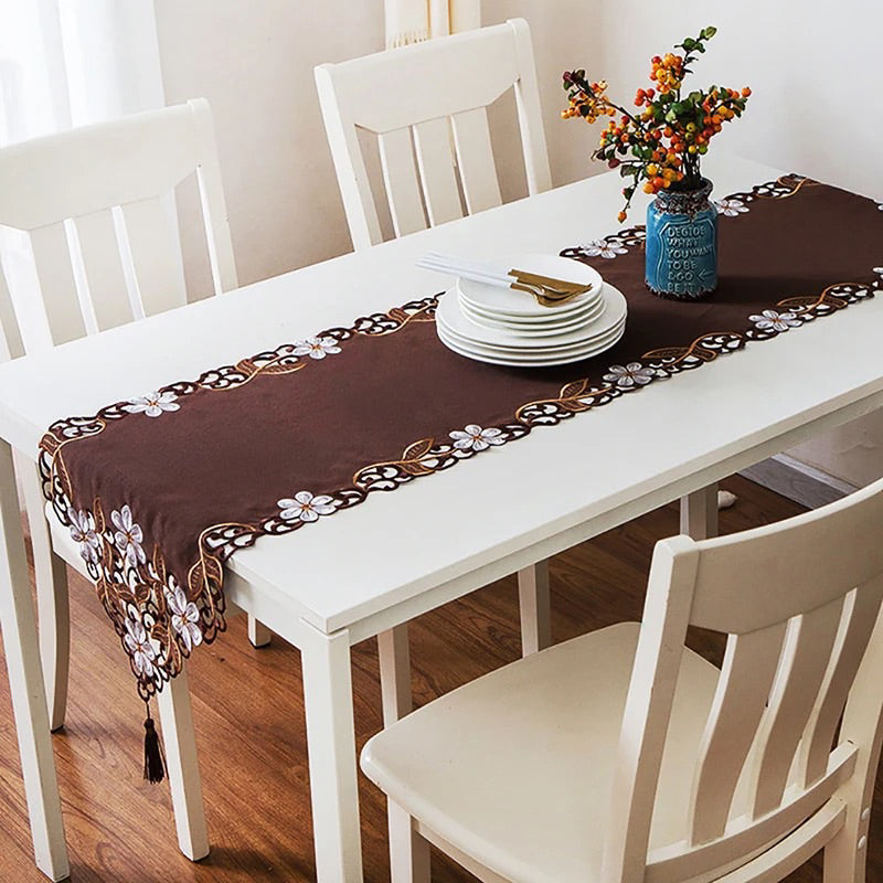 Table Runner - Taplak Meja Panjang Bordir - Coklat - 40x176cm
