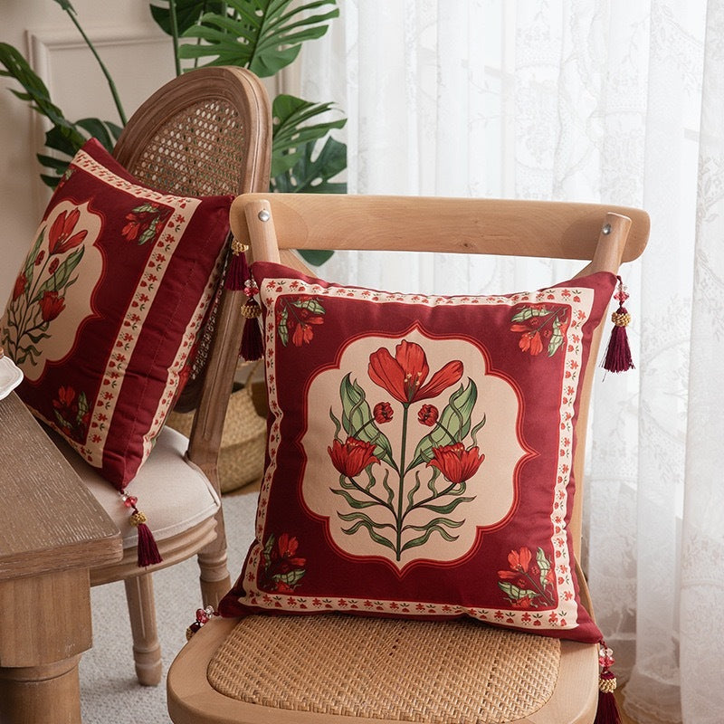 Sarung Bantal Sofa Premium Bunga Cantik Merah AMARILYS | Sarung Bantal Kursi 45x45 cm