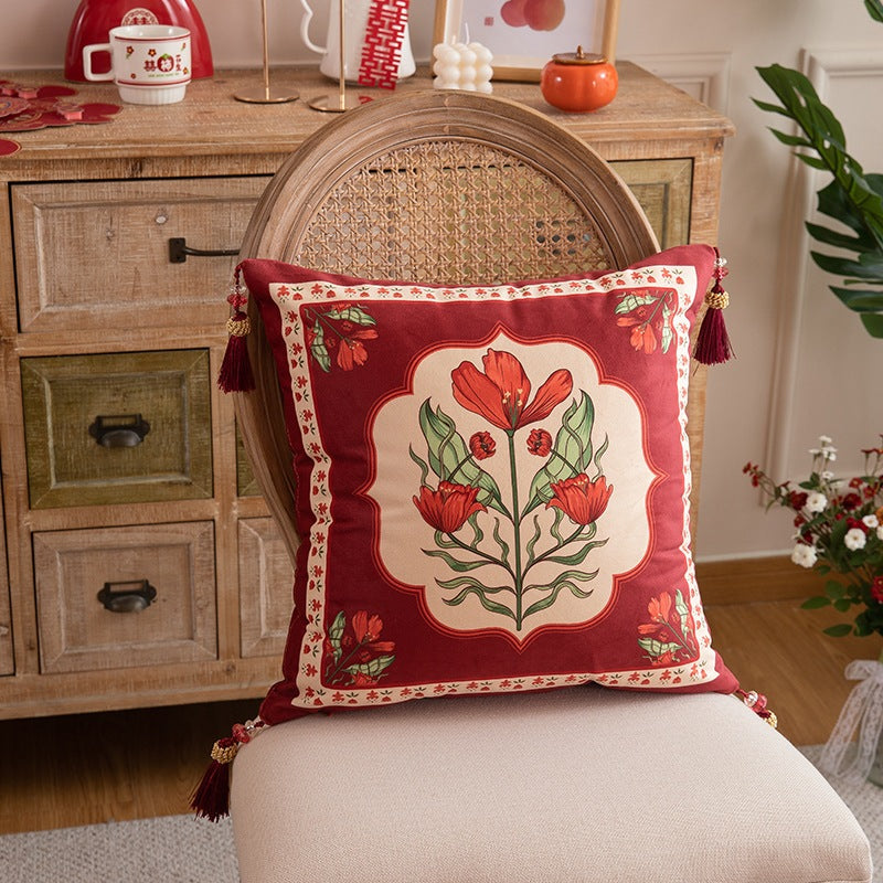 Sarung Bantal Sofa Premium Bunga Cantik Merah AMARILYS | Sarung Bantal Kursi 45x45 cm