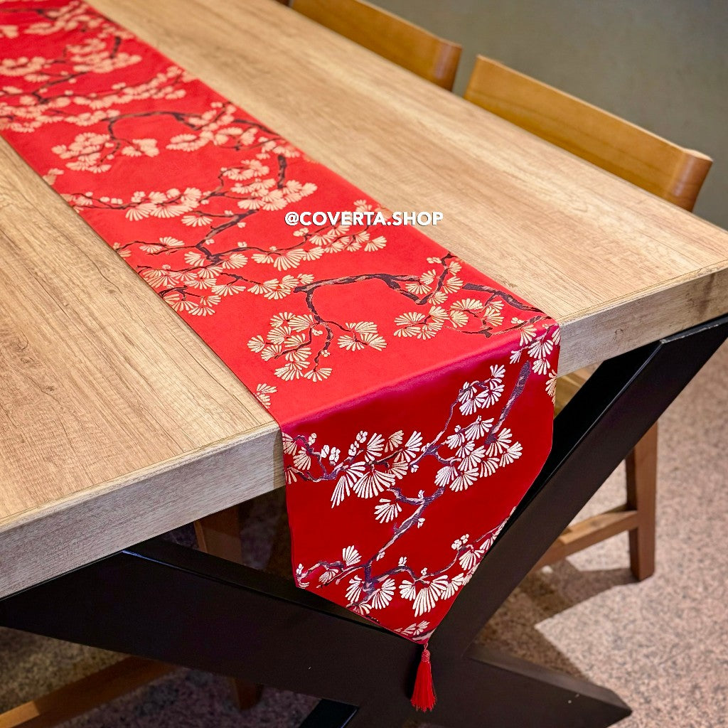 Table Runner Imlek Motif Lunar Blossom - Taplak Meja Tamu Elegan Bunga Mei Hua