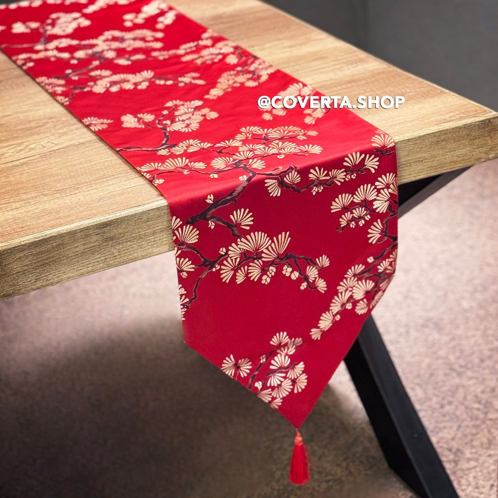 Table Runner Imlek Motif Lunar Blossom - Taplak Meja Tamu Elegan Bunga Mei Hua