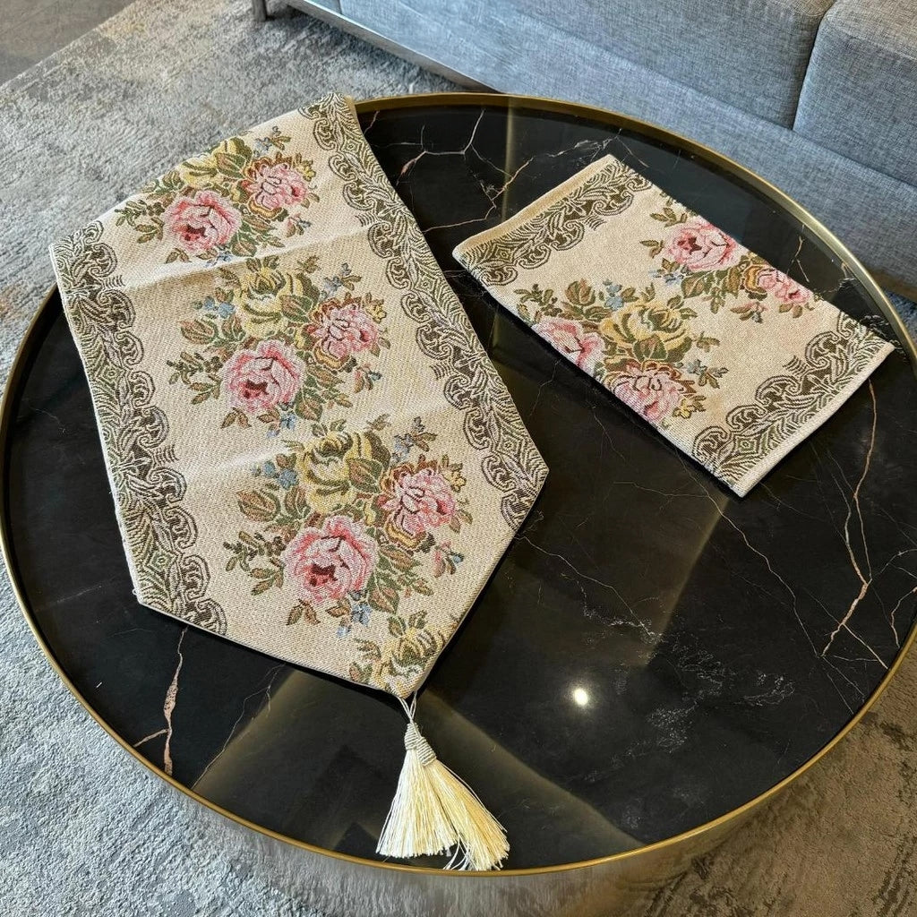 Table Runner Panjang Meja Makan / Taplak Meja Tamu Motif Classic Flower Glitter