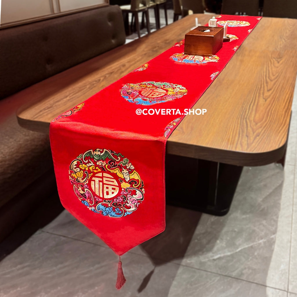 Table Runner Imlek Motif Lunar Blossom - Taplak Meja Tamu Elegan Bunga Mei Hua