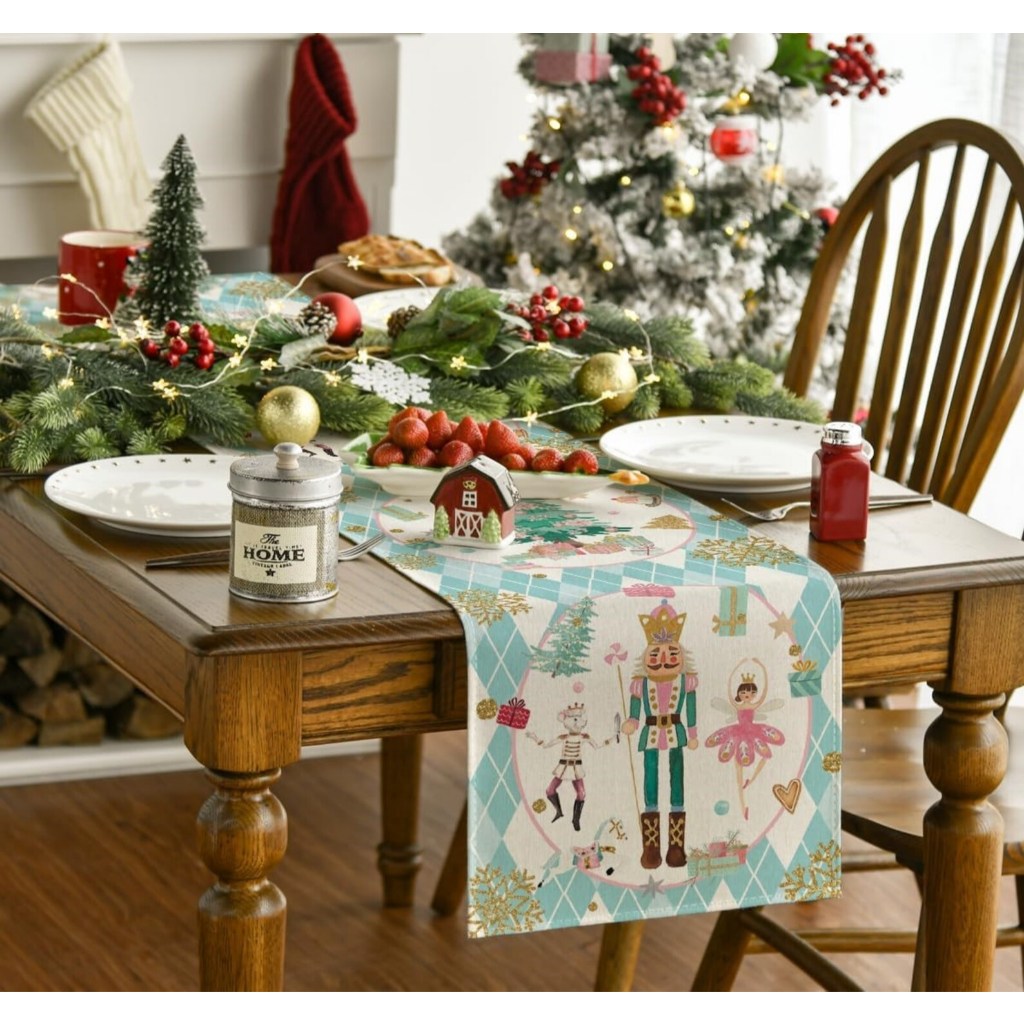 Table Runner Christmas Motif Natal Nutcracker Taplak Meja Makan Kain