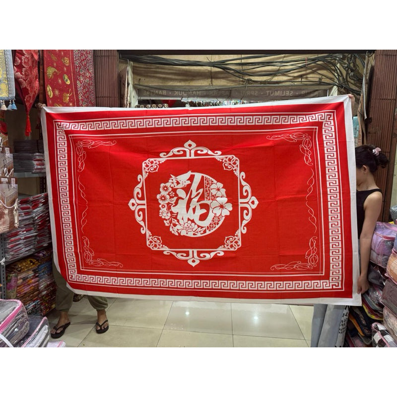 Taplak Meja Makan Imlek Merah 140x220cm - Dekorasi Rumah Tahun Baru Cina