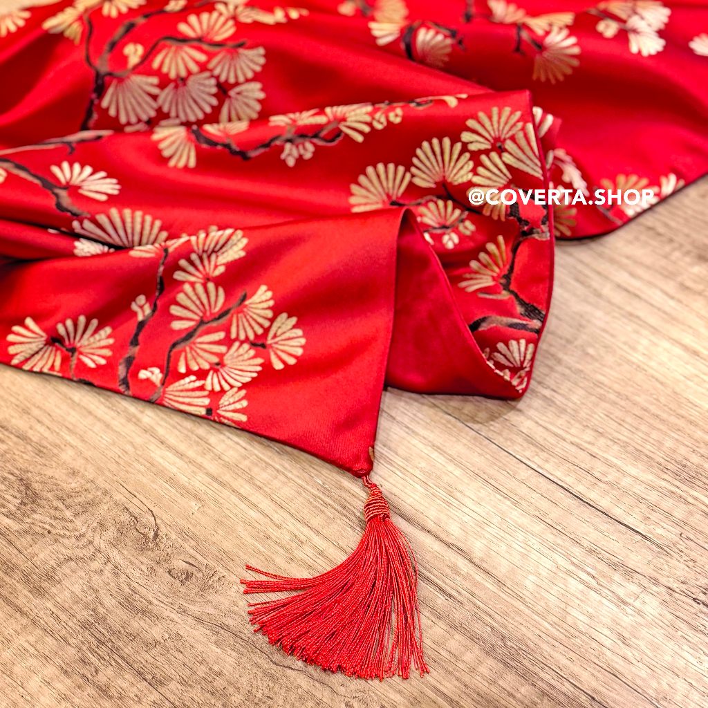Table Runner Imlek Motif Lunar Blossom - Taplak Meja Tamu Elegan Bunga Mei Hua