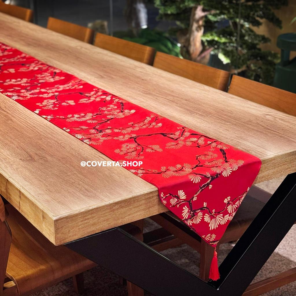 Table Runner Imlek Motif Lunar Blossom - Taplak Meja Tamu Elegan Bunga Mei Hua