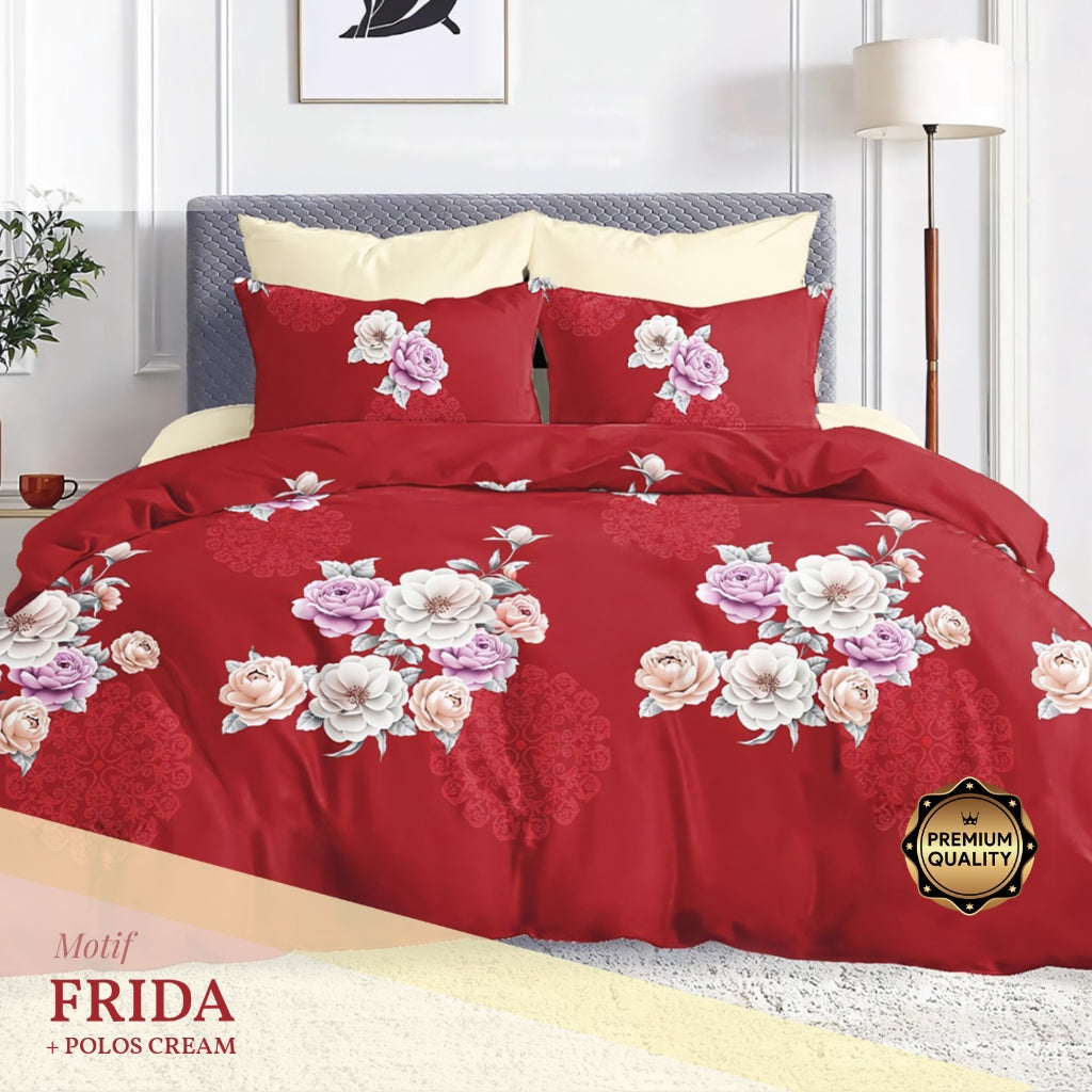 BedCover PENGANTIN Katun Set 180x200x30cm - King Size - MERAH BUNGA