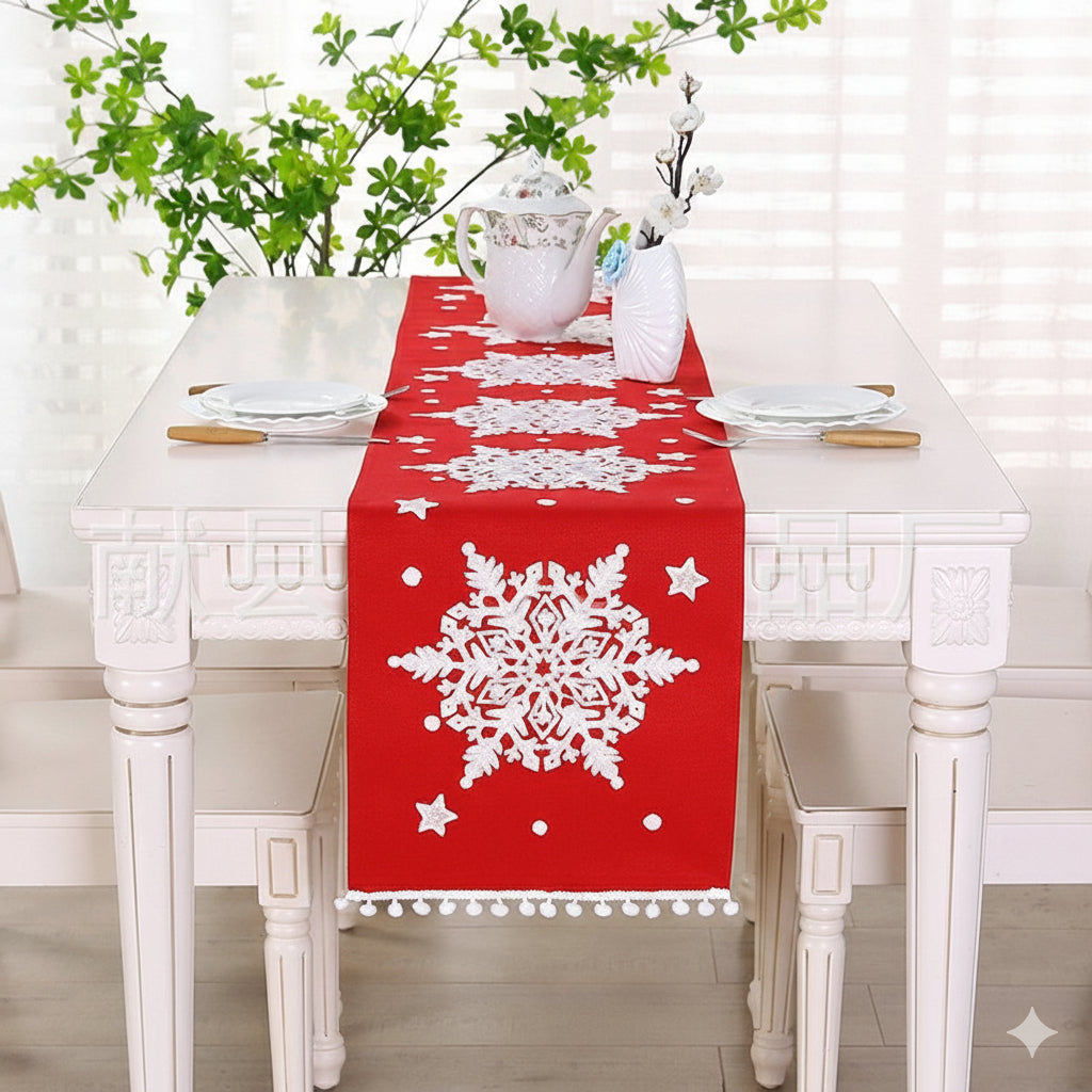 Table Runner Natal Snowflakes | Dekorasi Christmas Meja Makan Premium