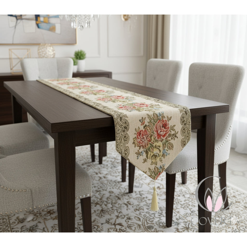Table Runner Panjang Meja Makan / Taplak Meja Tamu Motif Classic Flower Glitter