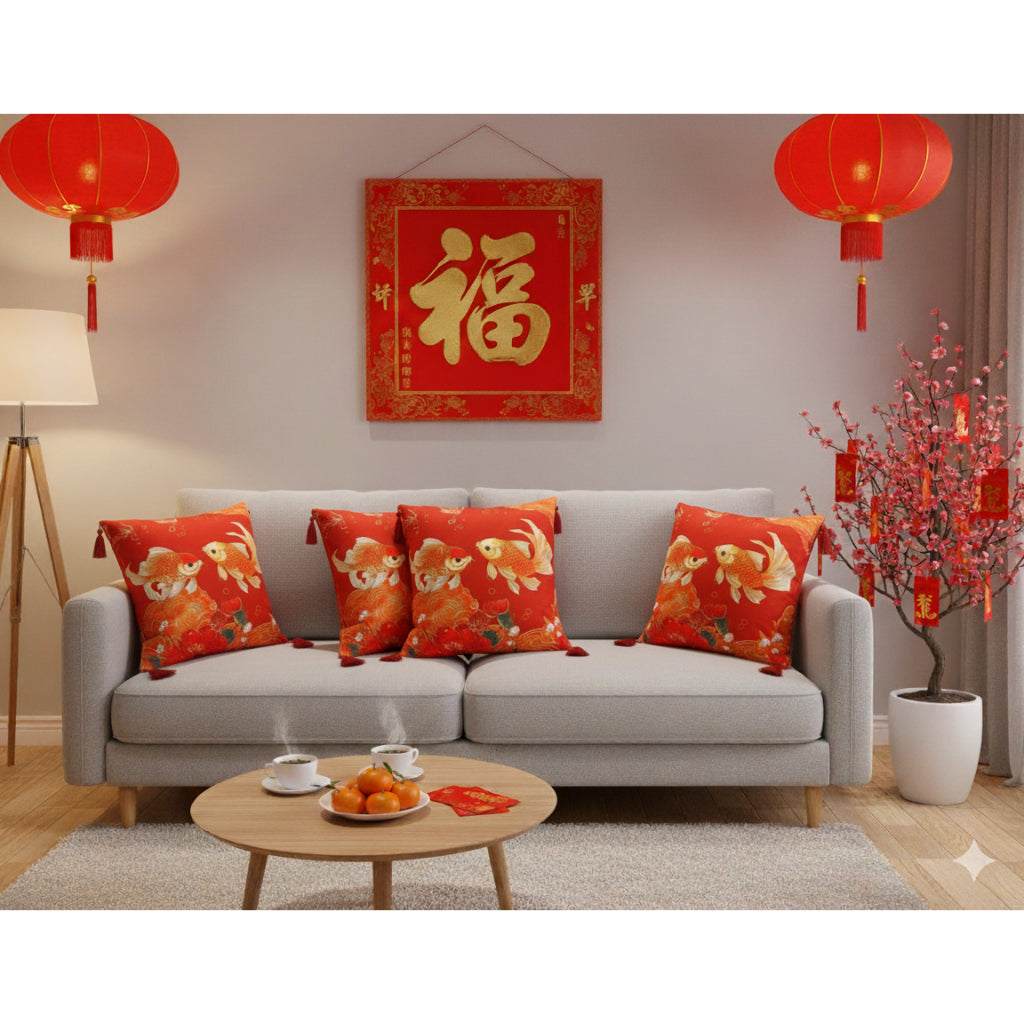 SARUNG BANTAL IMLEK! Cushion Cover Sofa Kursi Merah Elegan Sarban Sincia Motif Gold Fish 45x45cm