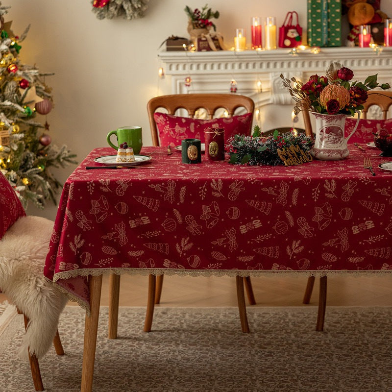 Taplak Meja Makan Natal Elegant Motif Christmas Doodle - Alas Meja Estetik Dekorasi Natal