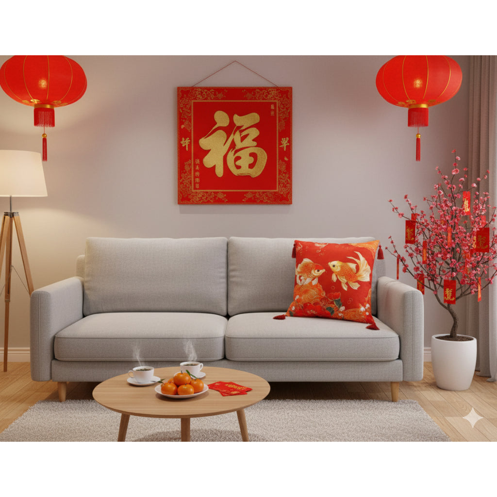 SARUNG BANTAL IMLEK! Cushion Cover Sofa Kursi Merah Elegan Sarban Sincia Motif Gold Fish 45x45cm