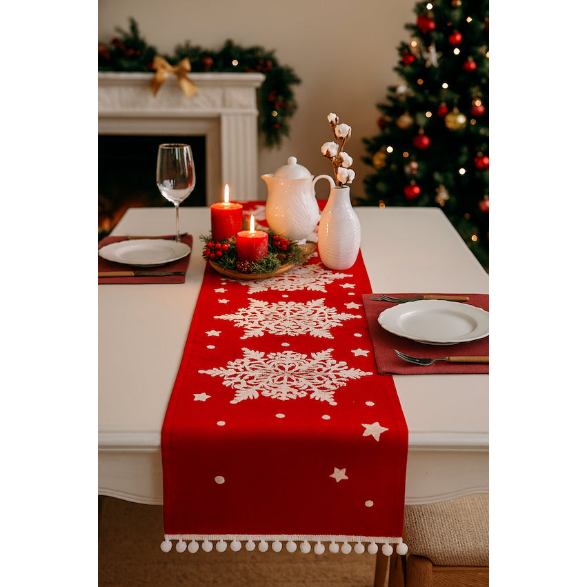 Table Runner Natal Snowflakes | Dekorasi Christmas Meja Makan Premium