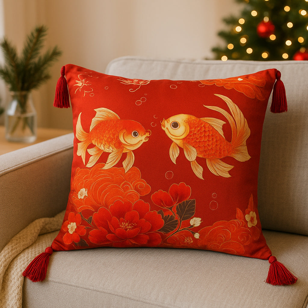 SARUNG BANTAL IMLEK! Cushion Cover Sofa Kursi Merah Elegan Sarban Sincia Motif Gold Fish 45x45cm