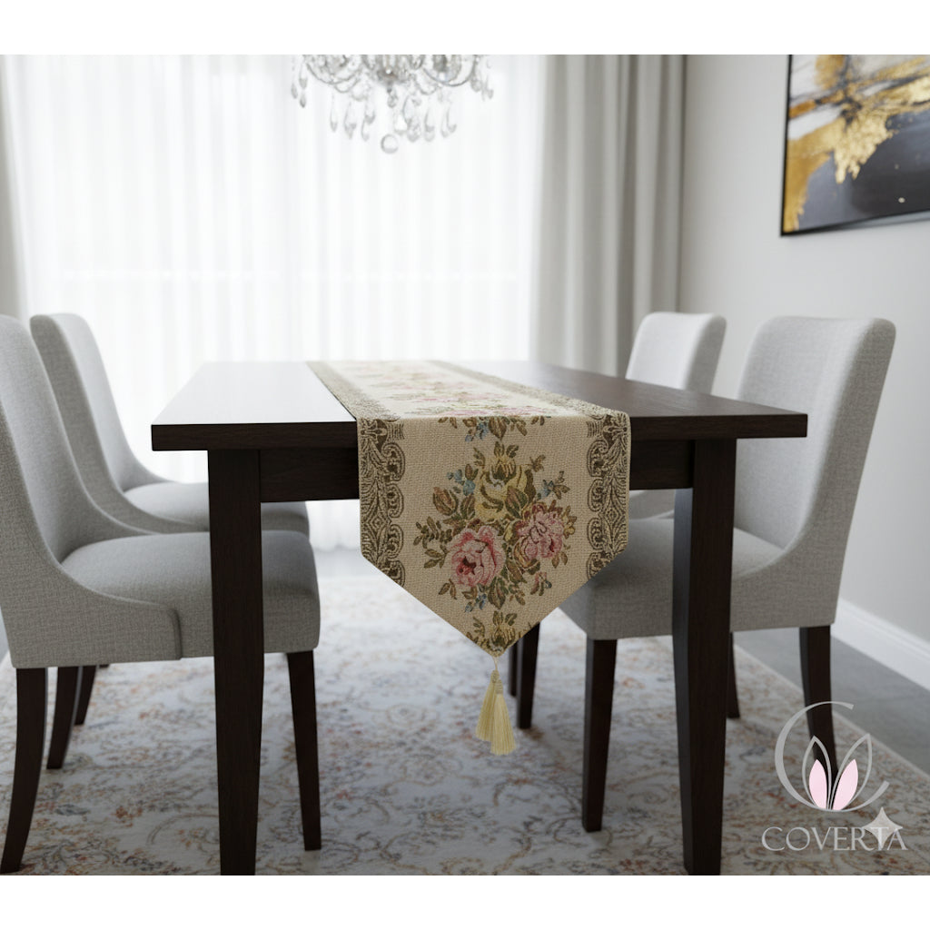 Table Runner Panjang Meja Makan / Taplak Meja Tamu Motif Classic Flower Glitter