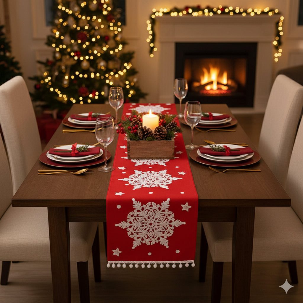 Table Runner Natal Snowflakes | Dekorasi Christmas Meja Makan Premium
