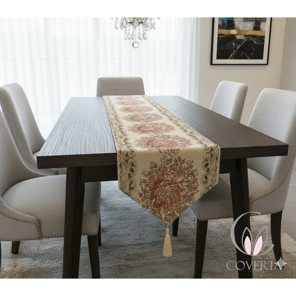 Table Runner Panjang Meja Makan / Taplak Meja Tamu Motif Classic Flower Glitter