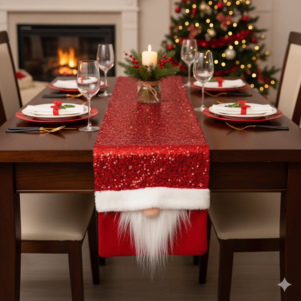 Table Runner Natal Santa Peek a Boo - Taplak Meja Christmas Dekorasi Rumah 30x180cm