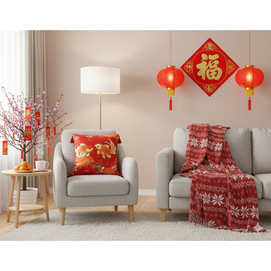 SARUNG BANTAL IMLEK! Cushion Cover Sofa Kursi Merah Elegan Sarban Sincia Motif Gold Fish 45x45cm