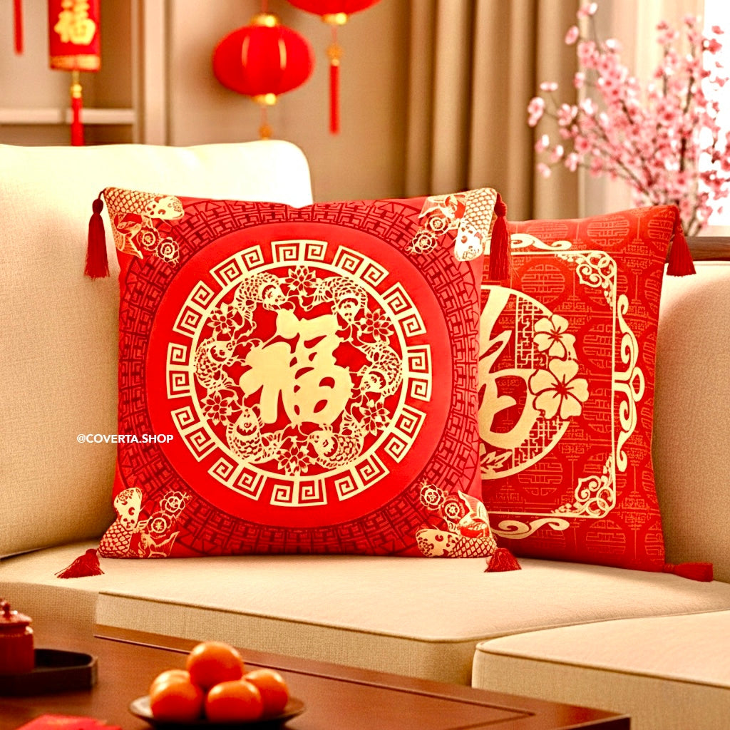 Cover Sarung Bantal Sofa Edisi Imlek - Cushion Cover CNY Motif Prosperity - Dekorasi Rumah Chinese New Year