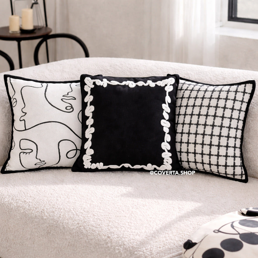 Sarung Bantal Sofa Minimalis Hitam Putih Monochrome – Cushion Cover Motif Modern Scandinavian