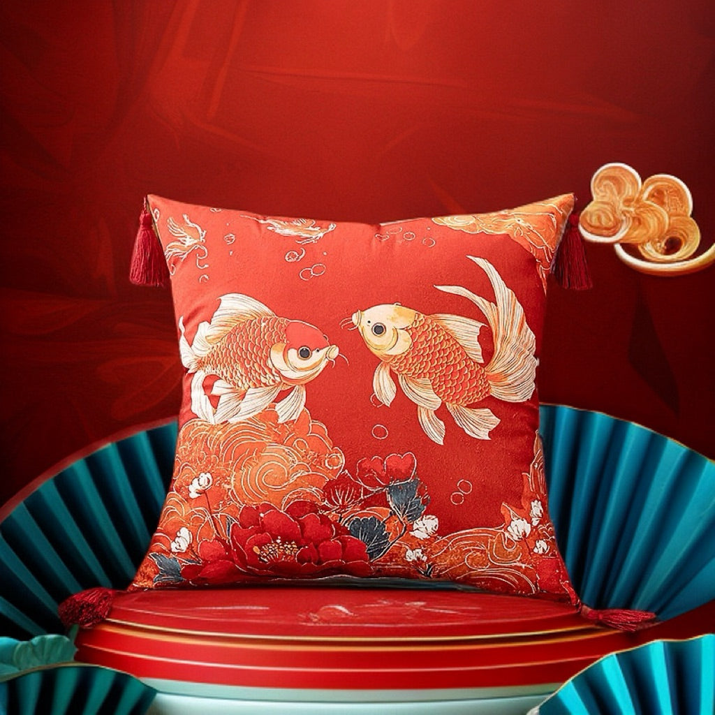 SARUNG BANTAL IMLEK! Cushion Cover Sofa Kursi Merah Elegan Sarban Sincia Motif Gold Fish 45x45cm