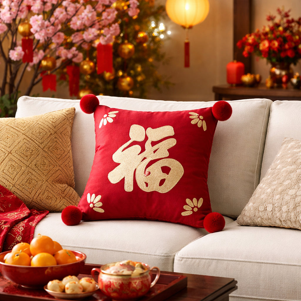 Sarung Bantal Imlek Merah Mewah Bordir Fu Hoki - Dekorasi Sofa CNY