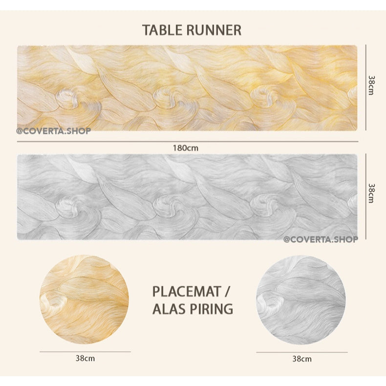 Table Runner Mika PVC Premium Motif Wave Silver Gold – Alas Meja Anti Air Waterproof