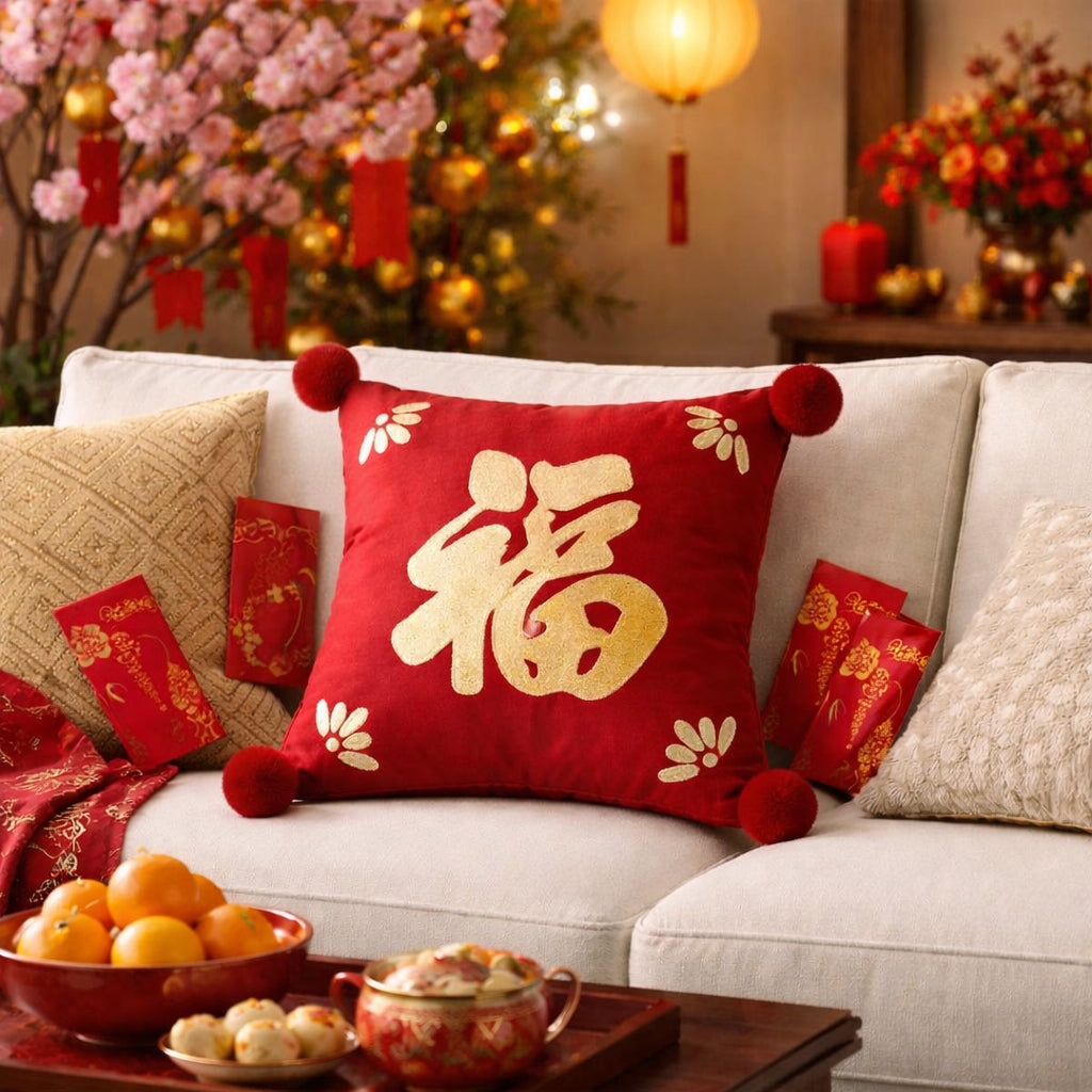 Sarung Bantal Imlek Merah Mewah Bordir Fu Hoki - Dekorasi Sofa CNY