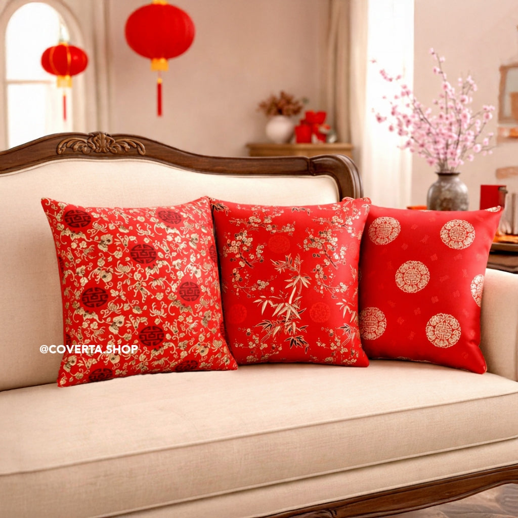 Sarung Bantal Sofa Imlek 45x45cm - Cushion Cover Merah Golden Dynasty Dekorasi Ruang Tamu CNY