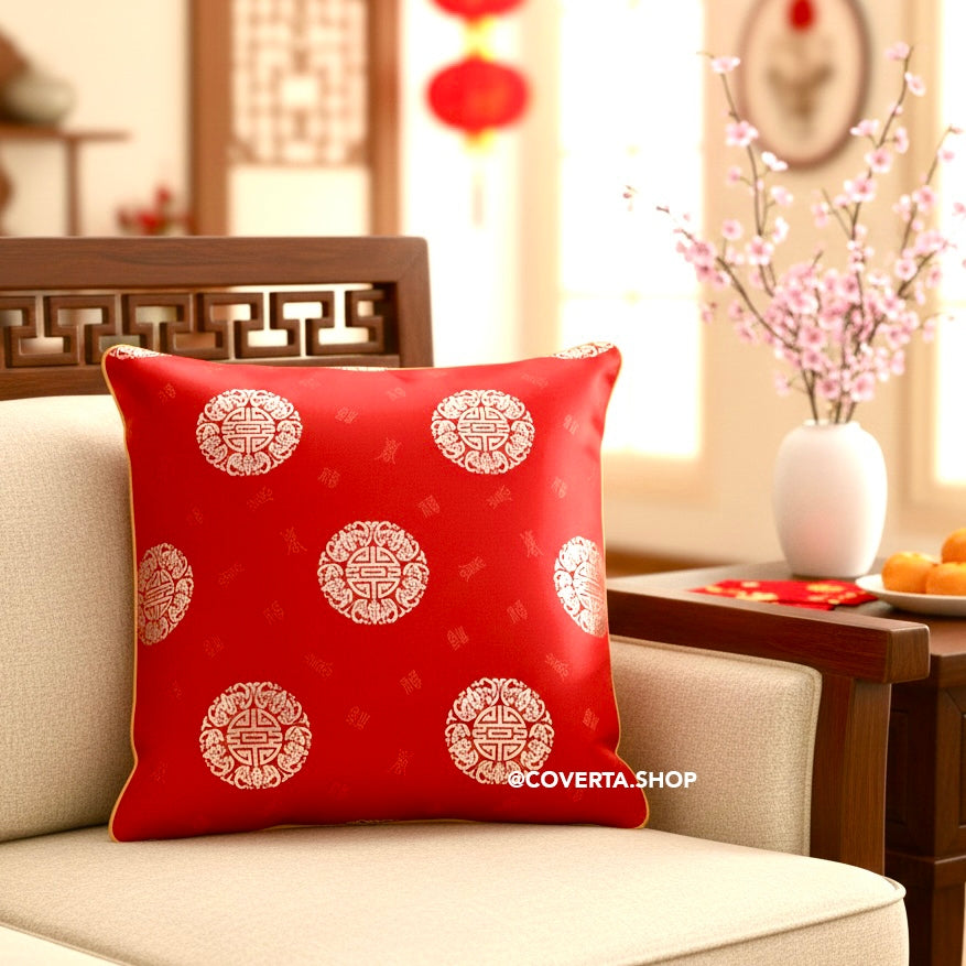 Sarung Bantal Sofa Imlek 45x45cm - Cushion Cover Merah Golden Dynasty Dekorasi Ruang Tamu CNY