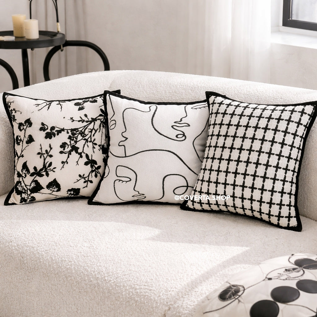 Sarung Bantal Sofa Minimalis Hitam Putih Monochrome – Cushion Cover Motif Modern Scandinavian