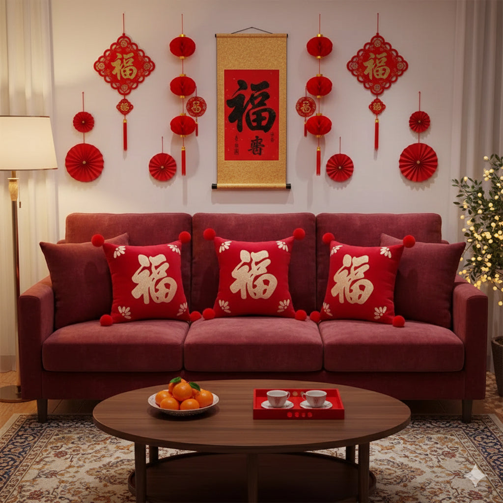Sarung Bantal Imlek Merah Mewah Bordir Fu Hoki - Dekorasi Sofa CNY