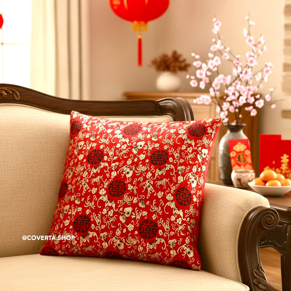 Sarung Bantal Sofa Imlek 45x45cm - Cushion Cover Merah Golden Dynasty Dekorasi Ruang Tamu CNY