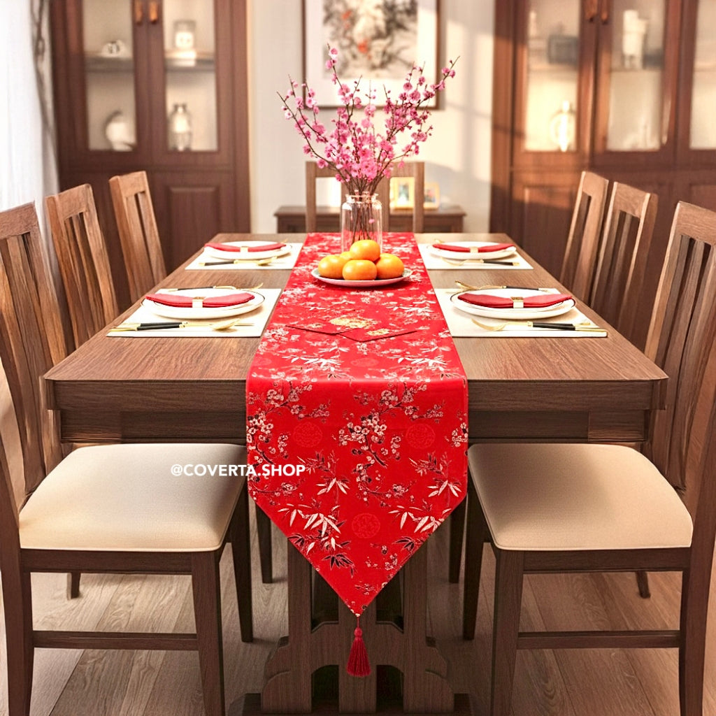Table Runner Meja Imlek Warna Merah Hoki Dekorasi Meja Tahun Baru China Golden Dynasty