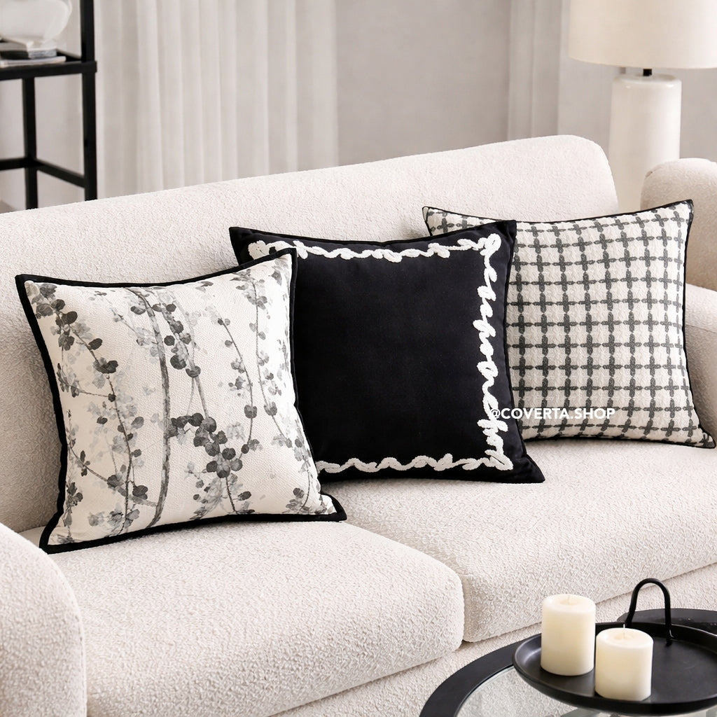 Sarung Bantal Sofa Minimalis Hitam Putih Monochrome – Cushion Cover Motif Modern Scandinavian