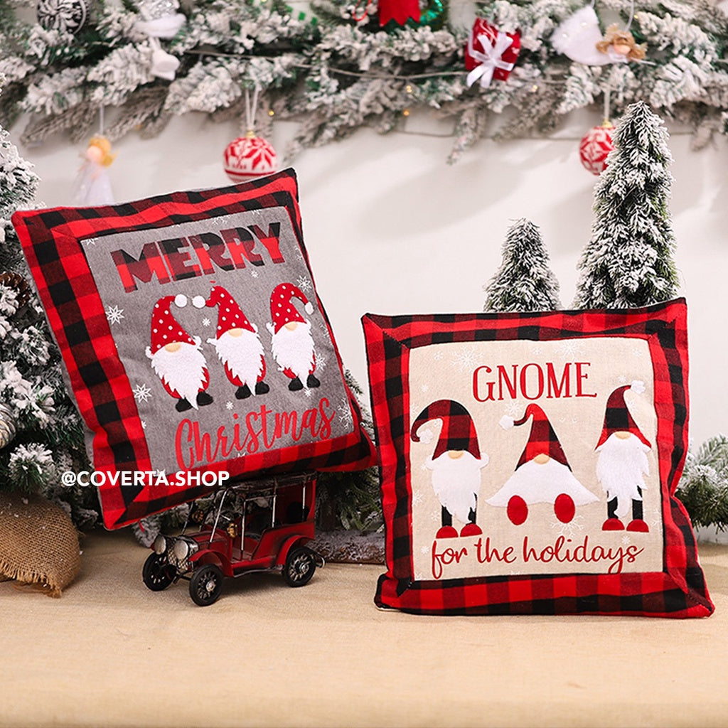 Sarung Bantal Sofa Natal 40x40cm Motif Christmas Santa Gnome Squares